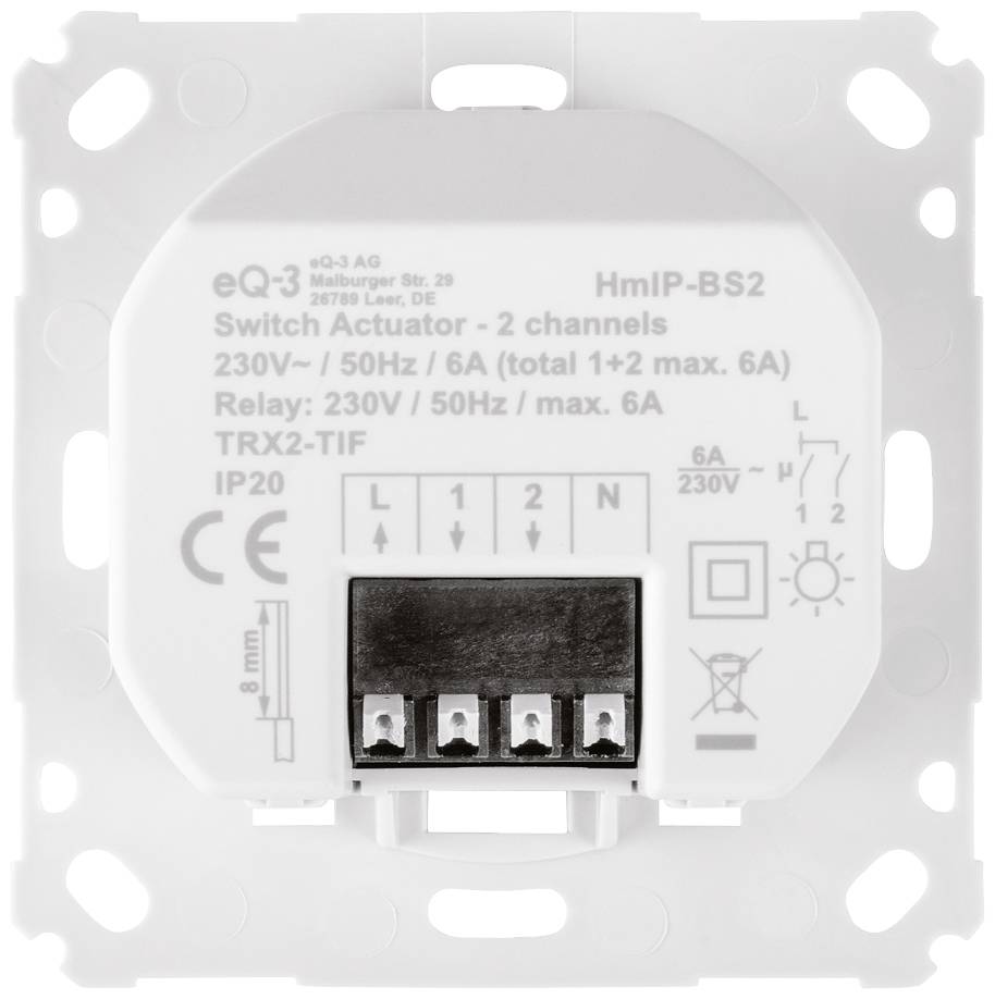Attuatore interruttore a 2 canali con cablaggio integrato. Tensione: 230V / 50Hz, max. 6A. Simboli e dati tecnici stampati.