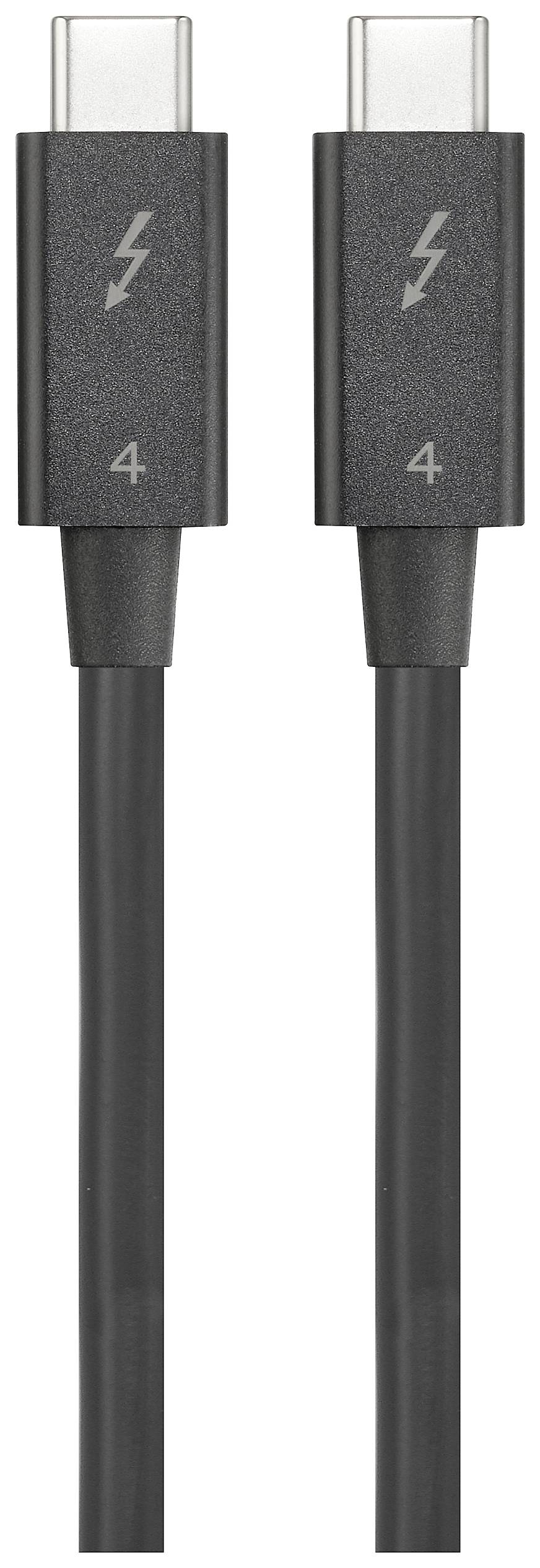 Due cavi Thunderbolt 4 neri con connettori USB-C affiancati, su uno sfondo bianco.