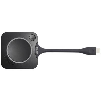 Un dispositivo USB circolare nero con logo 'Barco', utilizzato per la trasmissione wireless dello schermo.