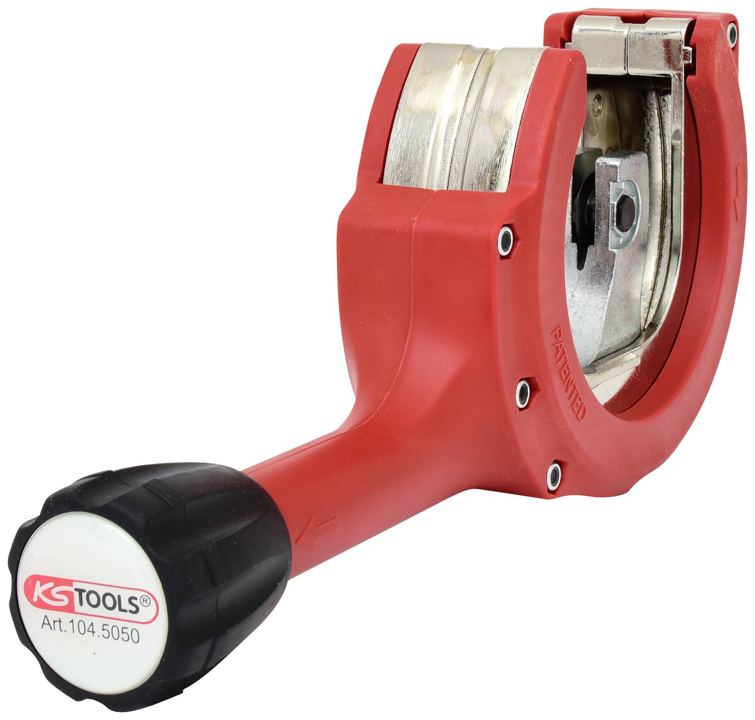 Utensile taglia-tubi rosso con impugnatura nera, idoneo al taglio di tubi metallici; contrassegnato con il marchio 'KS TOOLS' e numero di articolo.