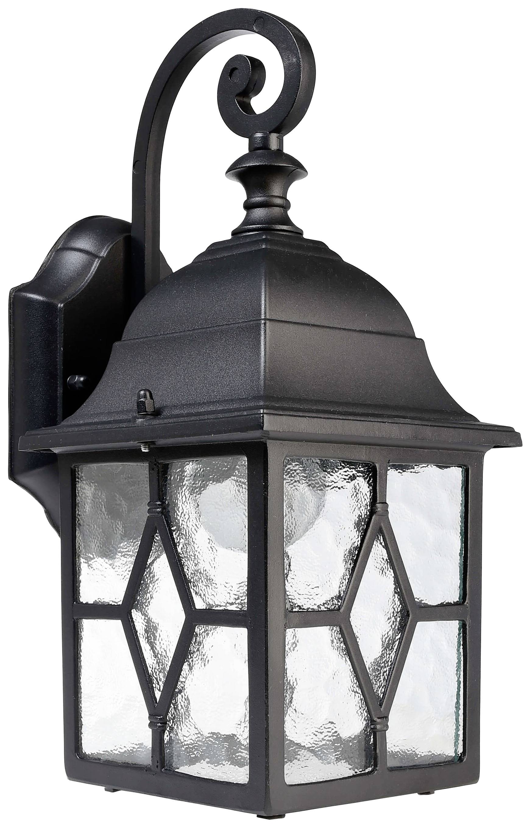 Una applique esterna nera, decorativa, con vetro e braccio curvo. Ideale per l'illuminazione di aree esterne.