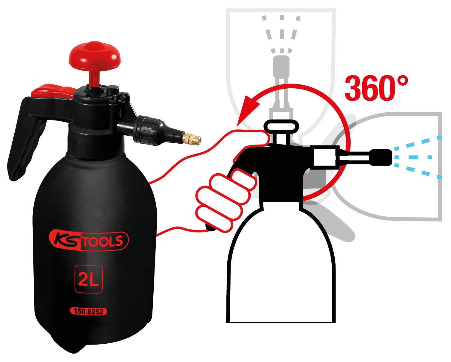 Un nebulizzatore nero di KS Tools con volume da 2L, impugnatura rossa e funzione di spruzzatura regolabile a 360 gradi.