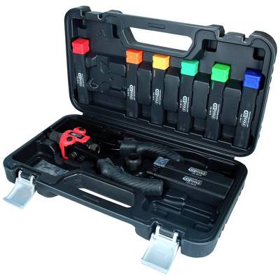 Un set di attrezzi aperto con diversi inserti colorati e un tagliatubi rosso. Adatto per lavori idraulici.