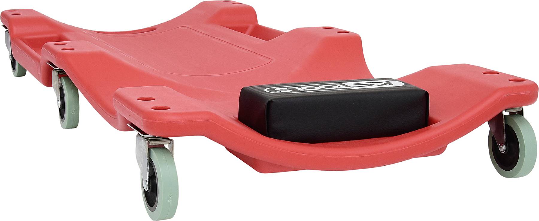 Carrello sottovettura rosso con sei ruote per supportare lavori sotto i veicoli; con poggiatesta nero integrato.