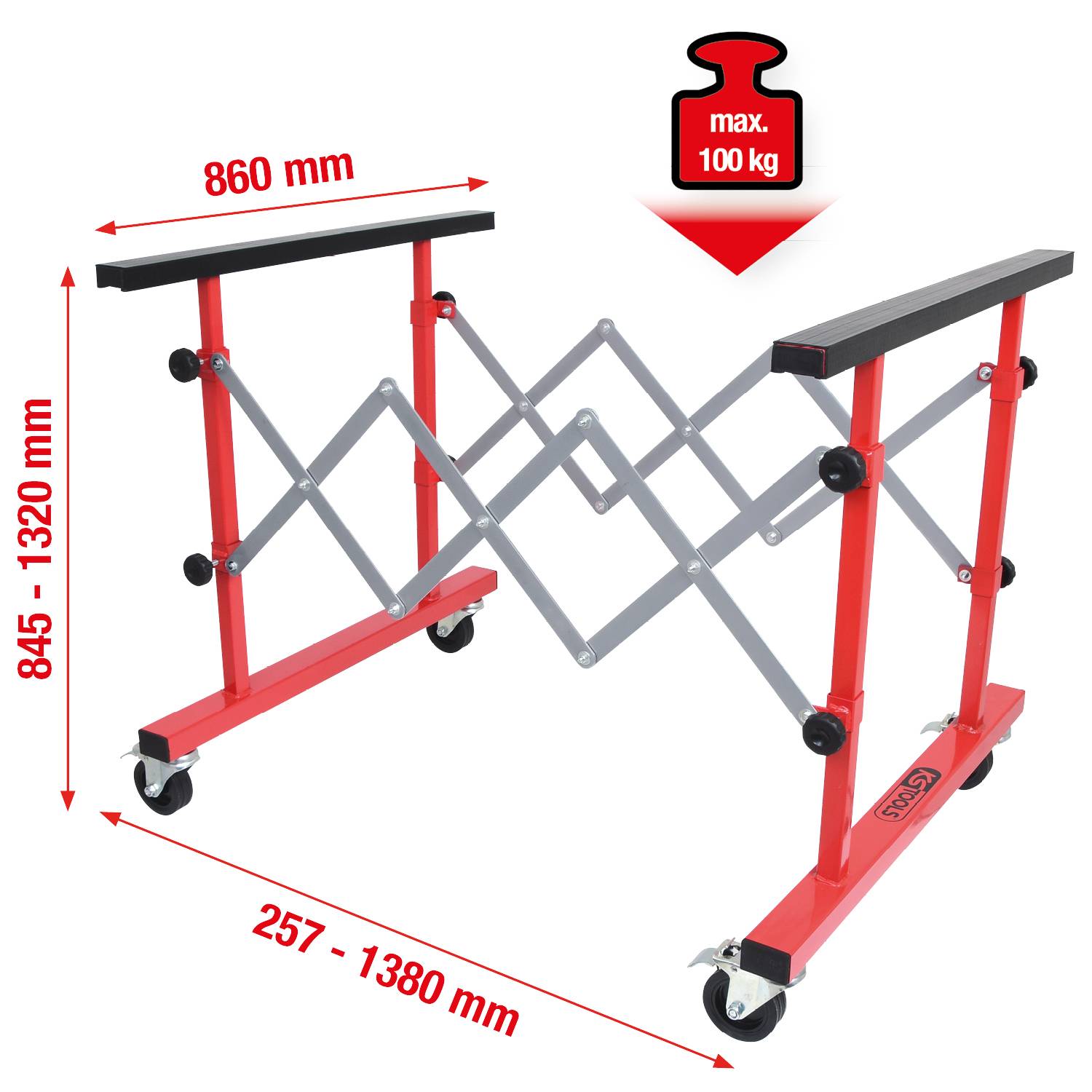 Mobili, struttura regolabile con portata massima di 100 kg. Dimensioni: larghezza 860 mm, altezza 845-1320 mm, profondità 257-1380 mm.