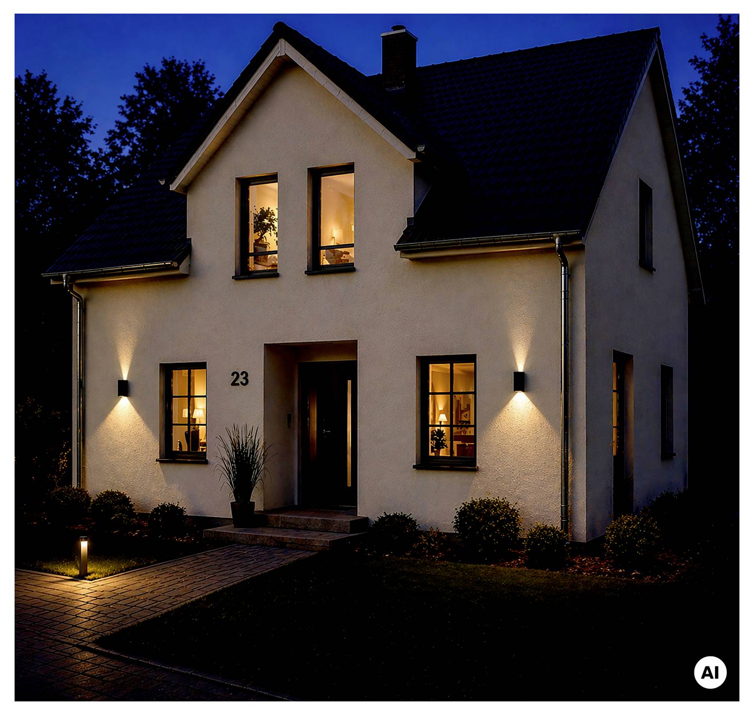 Una casa a due piani al crepuscolo con finestre illuminate e lampade da parete esterne, ingresso centrale, numero civico 23 ben visibile e un vialetto pavimentato che conduce alla porta.