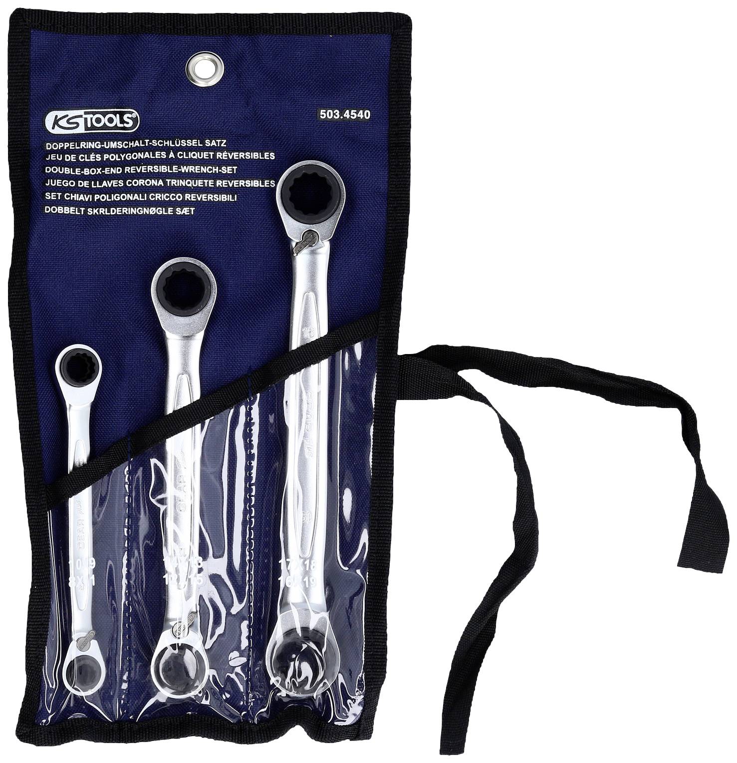 'Set di quattro chiavi a cricchetto bidirezionali in custodia blu in tessuto con stampa "KS TOOLS".'