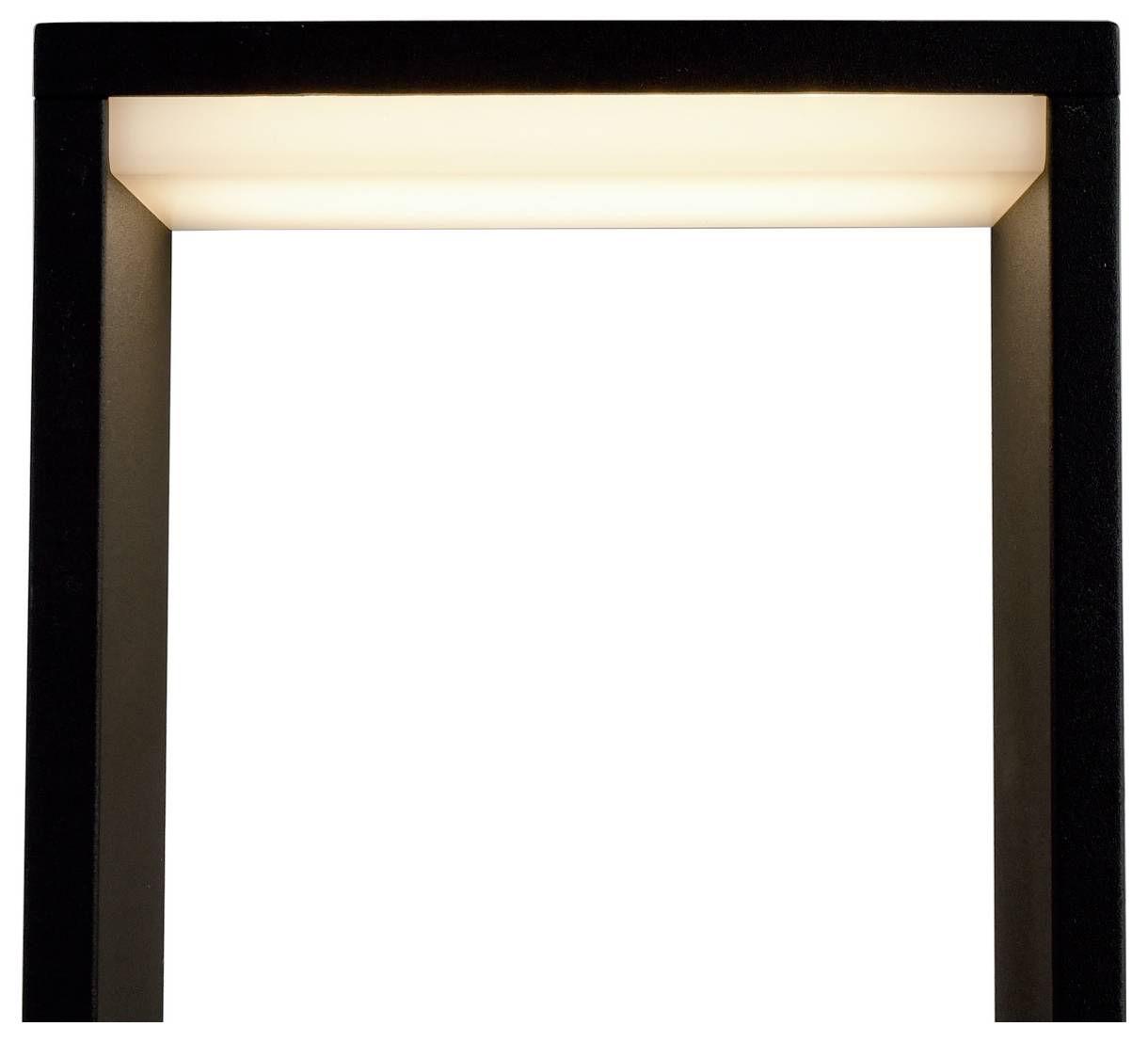 Cornice di porta moderna nera con una parte superiore illuminata di luce calda, che isola un varco bianco vuoto