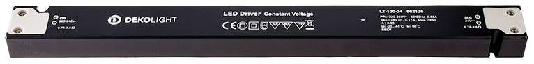 Driver LED nero con marchi CE e RoHS. Etichetta recante: 'LED Driver Tensione Costante'. Design rettangolare e sottile.