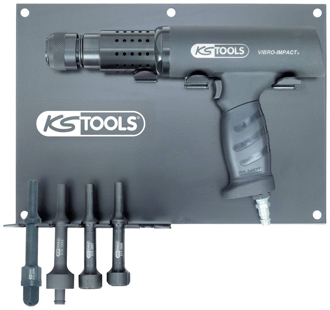 Avvitatore pneumatico di KS Tools montato su un supporto, comprensivo di diversi attacchi per differenti dimensioni di viti.