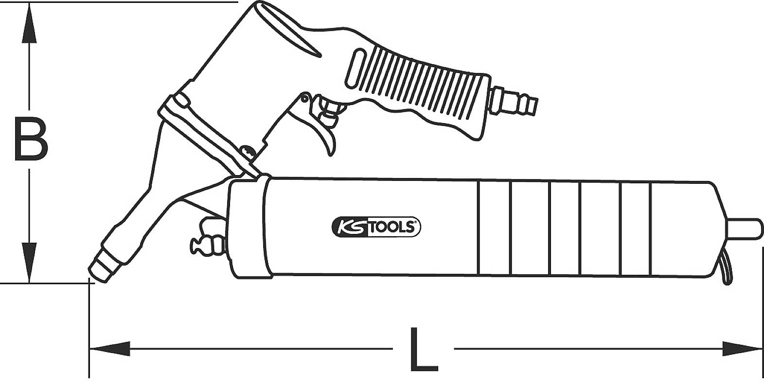 Un disegno tecnico mostra un ingrassatore con il logo 'KS TOOLS'. Sono rappresentate le linee di misura per larghezza (B) e lunghezza (L).