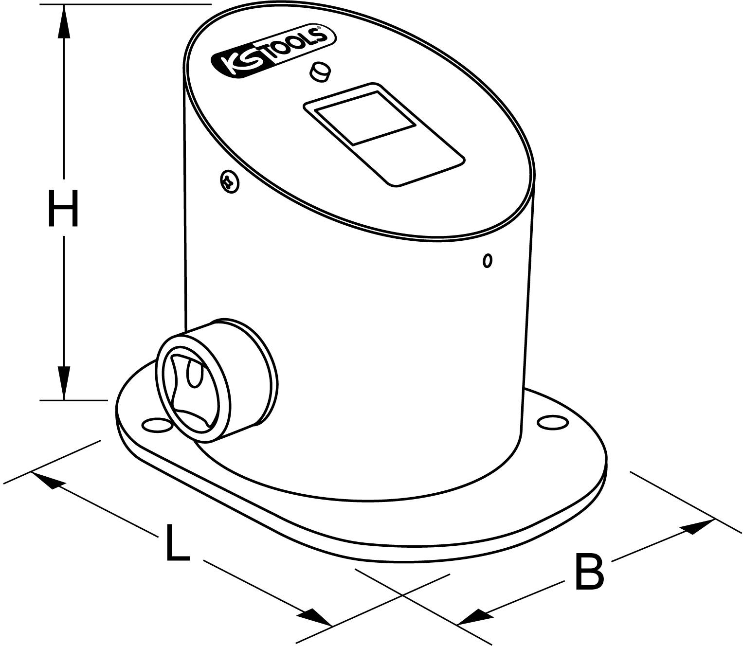 'Disegno di un articolo ovale con il logo KStools in alto, recante le misure di altezza, lunghezza e larghezza e un'apertura laterale, montato su una base.'