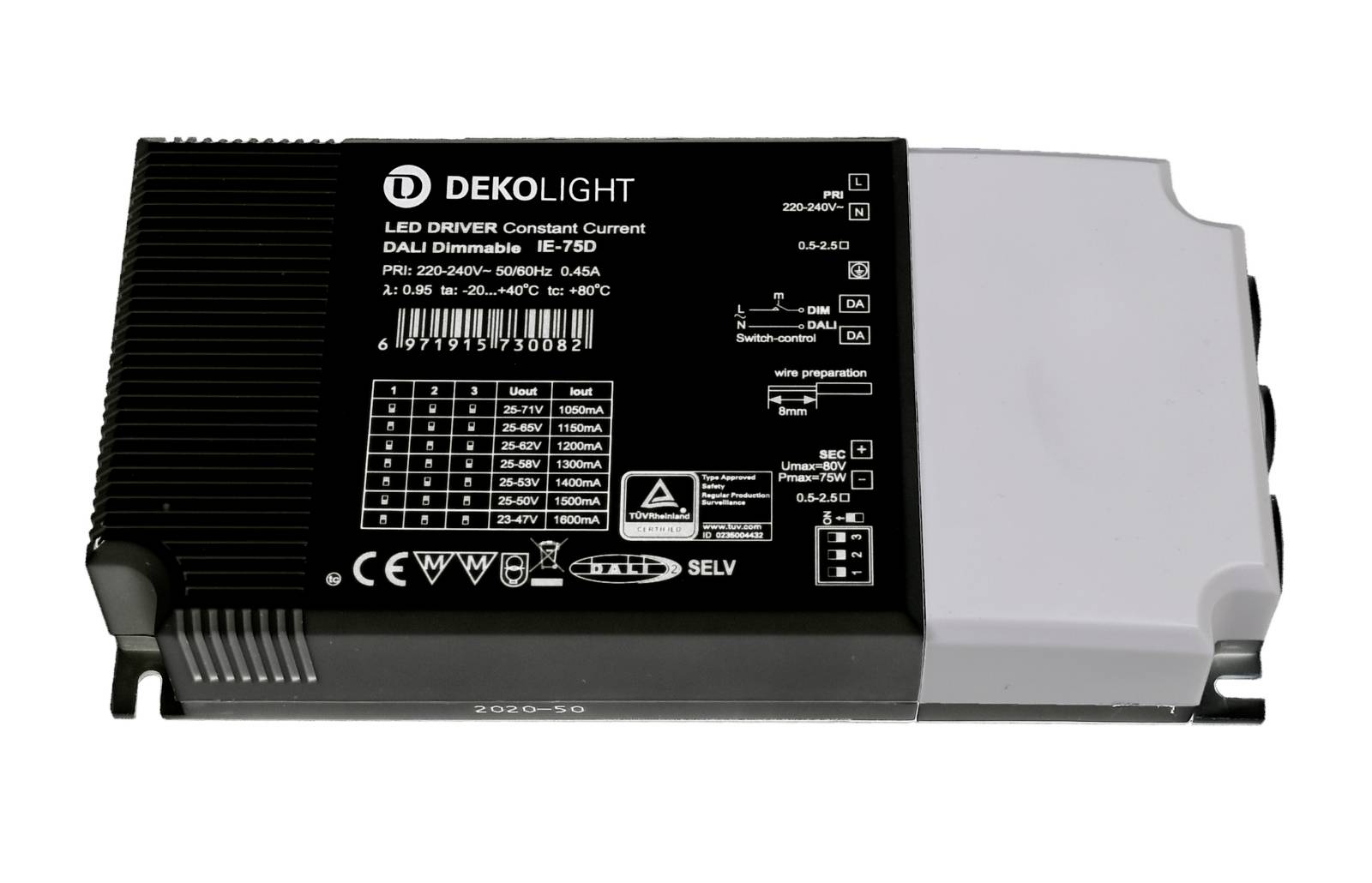 'Driver LED Dekolight IE-750' con scheda tecnica: tensione di ingresso 220-240V, corrente 0,05-0,5A, resistenza regolabile.