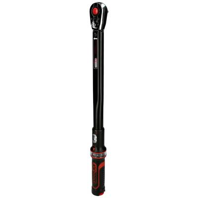 Un lungo chiave dinamometrica nero con un pulsante rosso in alto, adatto per serrare viti e dadi con precisione.