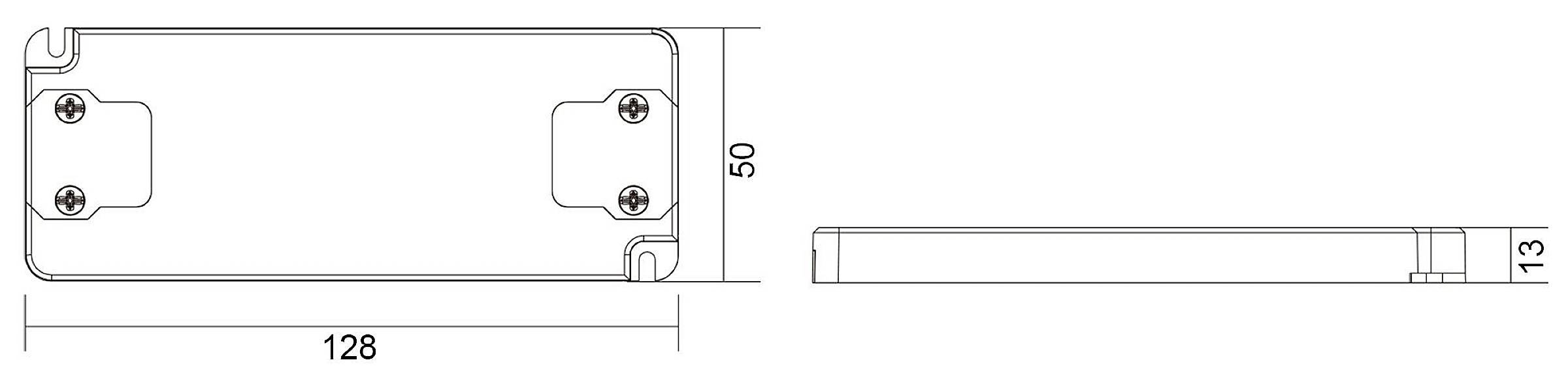 Disegno tecnico di un componente rettangolare con dimensioni: lunghezza 128 mm, larghezza 50 mm, altezza 13 mm, quattro fori per viti.