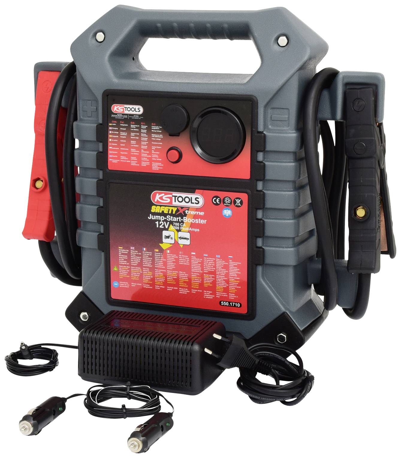 Dispositivo di avviamento della marca KS Tools, 12V, con manico di trasporto, morsetti e cavi. Adatto all'avviamento di veicoli con batteria scarica.
