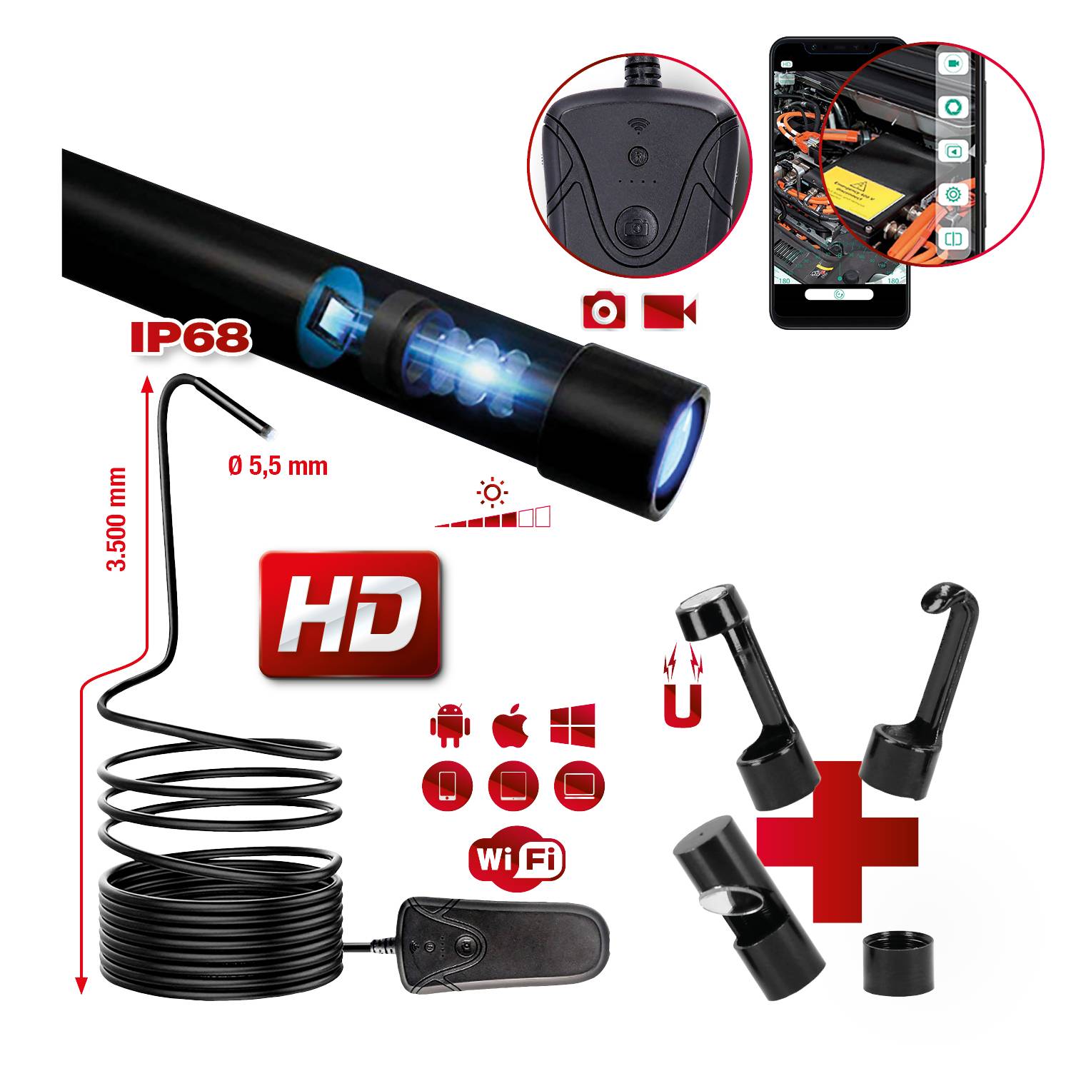 Set di telecamera endoscopica con risoluzione HD e funzione WiFi. Compatibile con diversi sistemi operativi. Impermeabile secondo IP68.