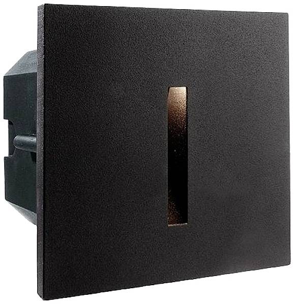 Faretto da incasso quadrato nero con sottile fessura luminosa verticale al centro. Ideale per interni moderni.