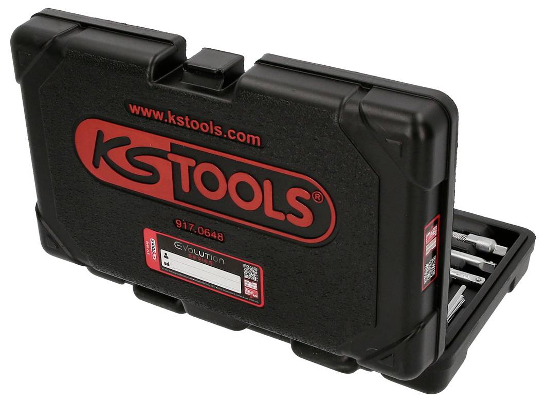 Un cassetta degli attrezzi nera di KS Tools con logo rosso, parzialmente aperta, mostra inserti esagonali.