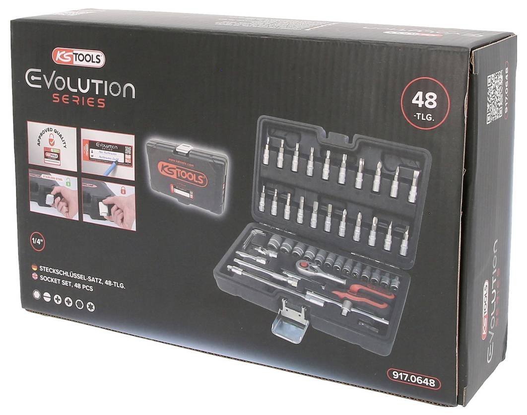 Valigetta degli attrezzi nera del marchio KS Tools con set di chiavi a bussola da 48 pezzi, dettagliatamente illustrata sulla confezione.