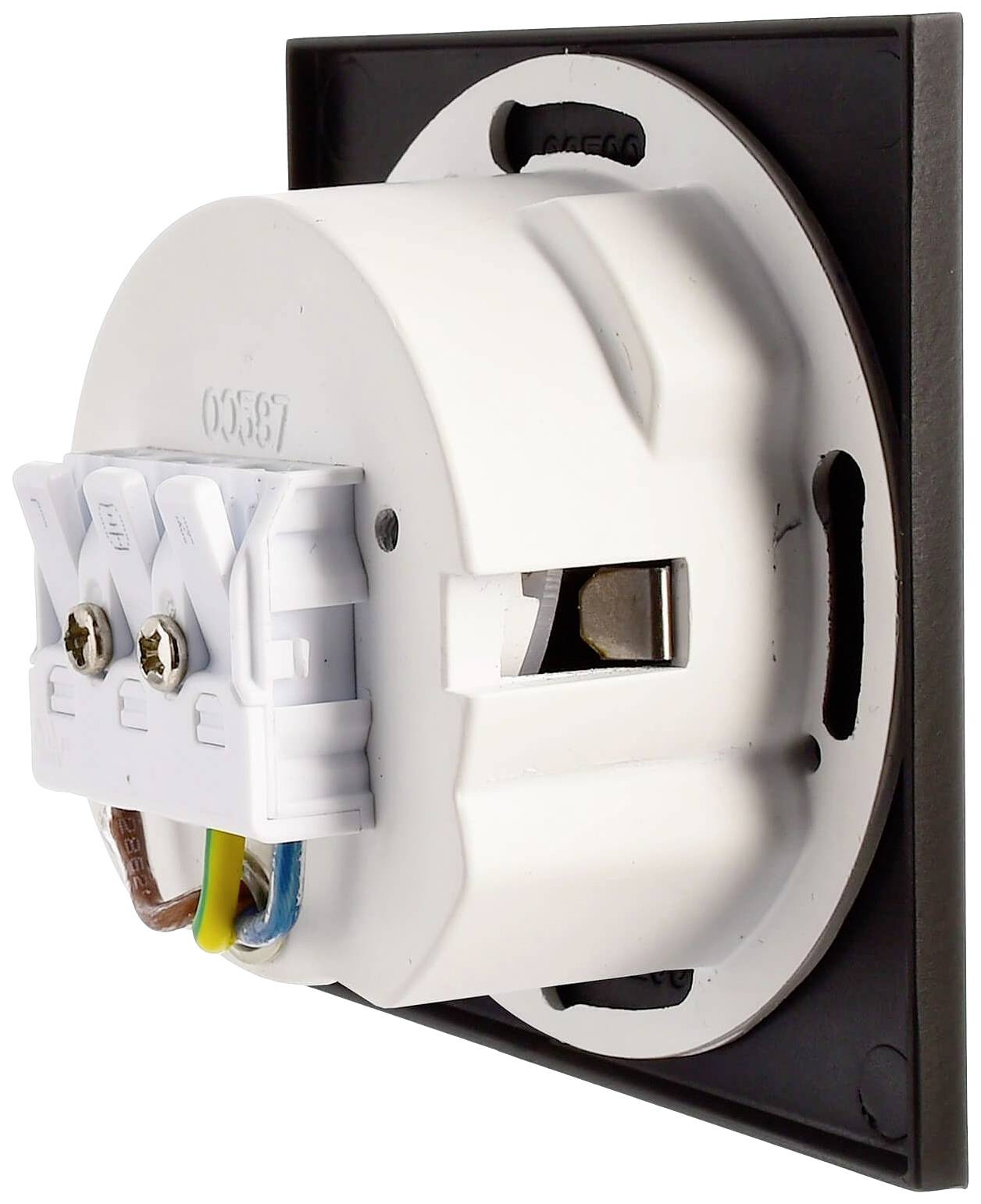 Primo piano di un modulo presa elettrica con involucro bianco e diversi morsetti di connessione su una piastra di montaggio nera.