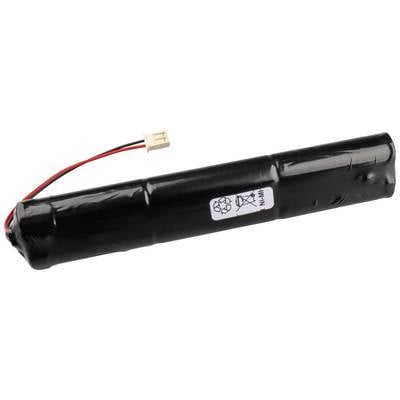 Una batteria NiMH nera con fili e un connettore bianco. Sul lato della batteria è visibile un simbolo di riciclaggio.