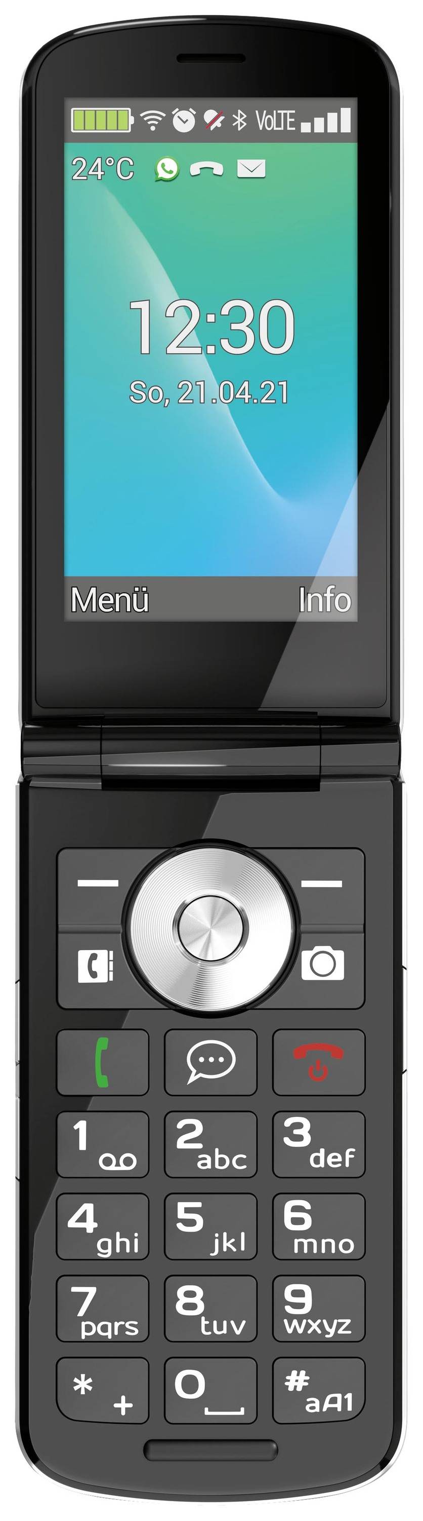 Un telefono cellulare pieghevole nero e argento con un ampio schermo mostra l'ora '12:30'. Tasti grandi con simboli per chiamate e navigazione sono chiaramente visibili.