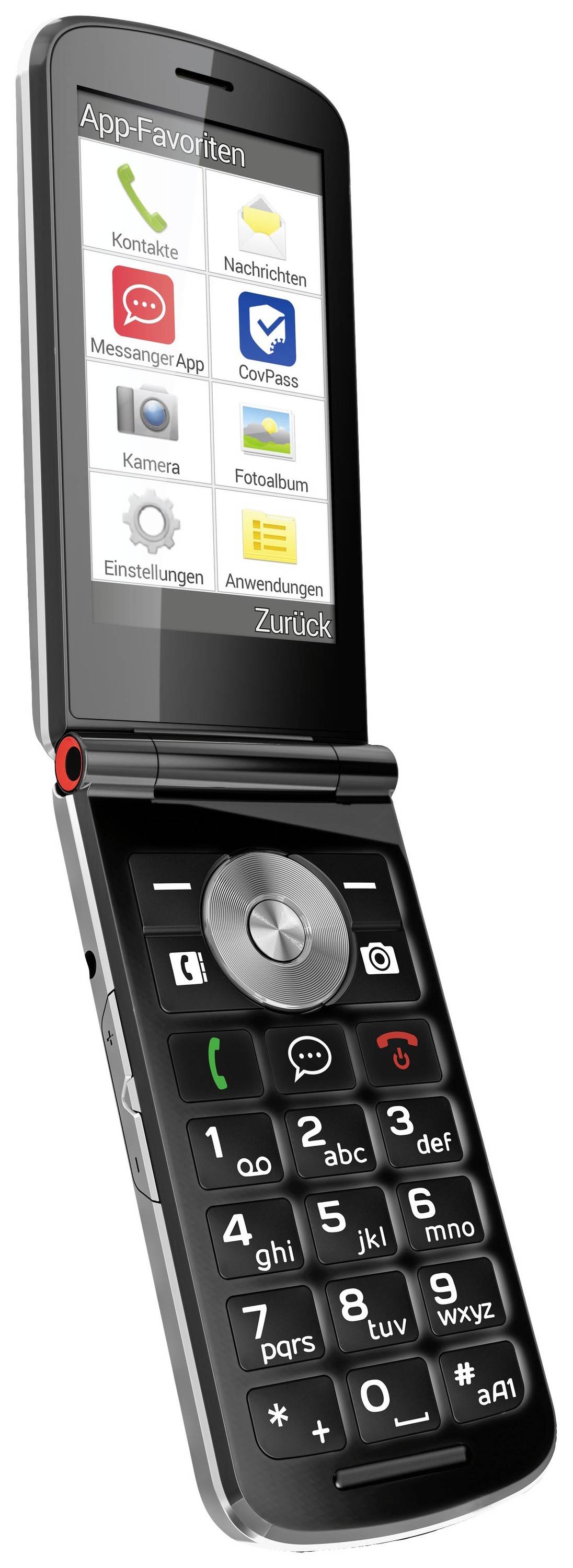Cellulare a conchiglia aperto con tasti grandi, tasti freccia al centro e schermo in alto. Lo schermo mostra le icone delle app.