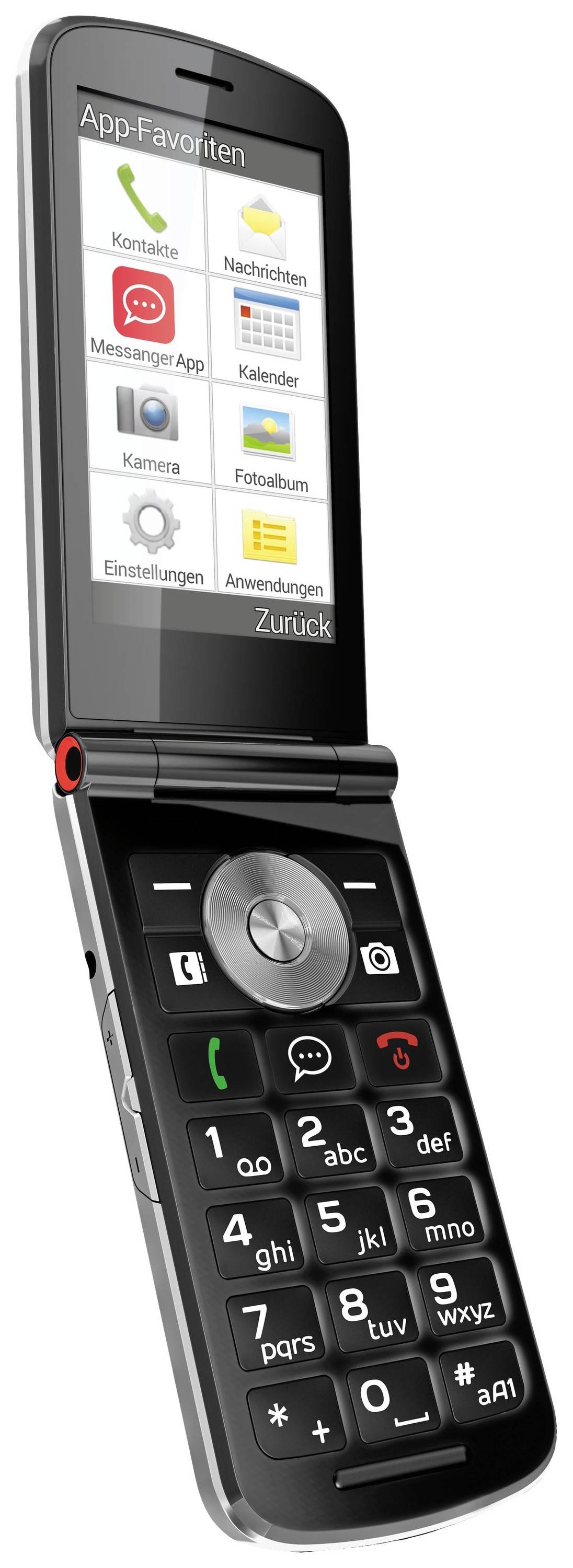 Un cellulare a conchiglia nero con tastiera ampia e display a colori che mostra diverse app come messaggi, calendario e fotocamera.