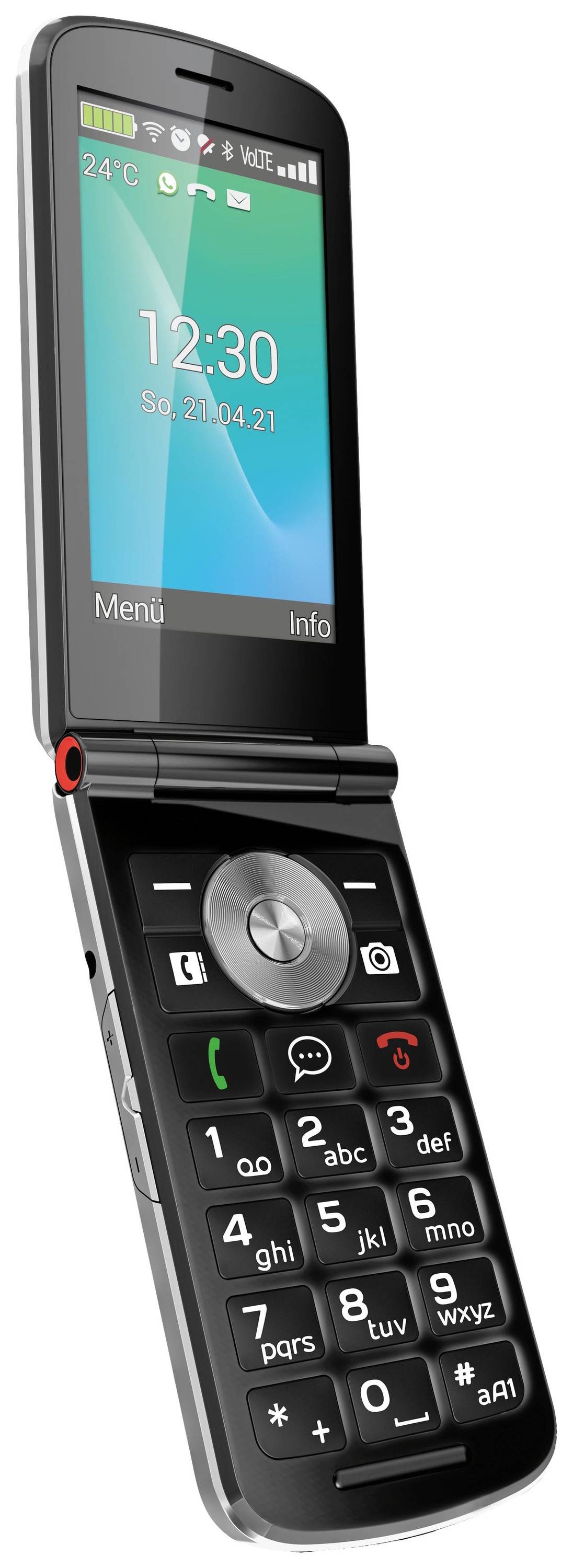 Cellulare a conchiglia con display grande e tasti. Sul display sono visibili l'ora 12:30 e la data 28.04.21.