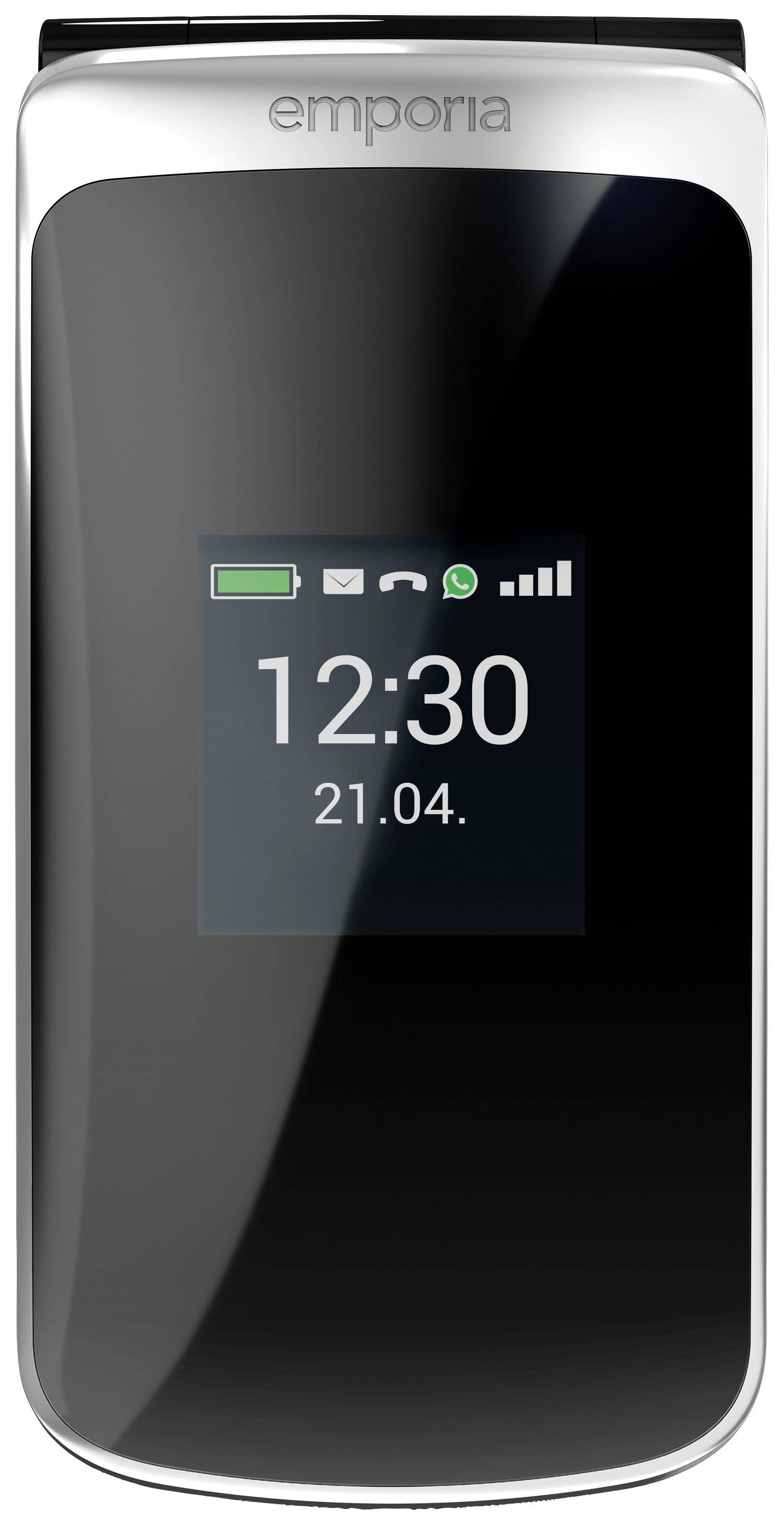 Telefono cellulare pieghevole nero con display chiuso che mostra l'ora 12:30 e la data 21.04. Nome del marchio in alto.