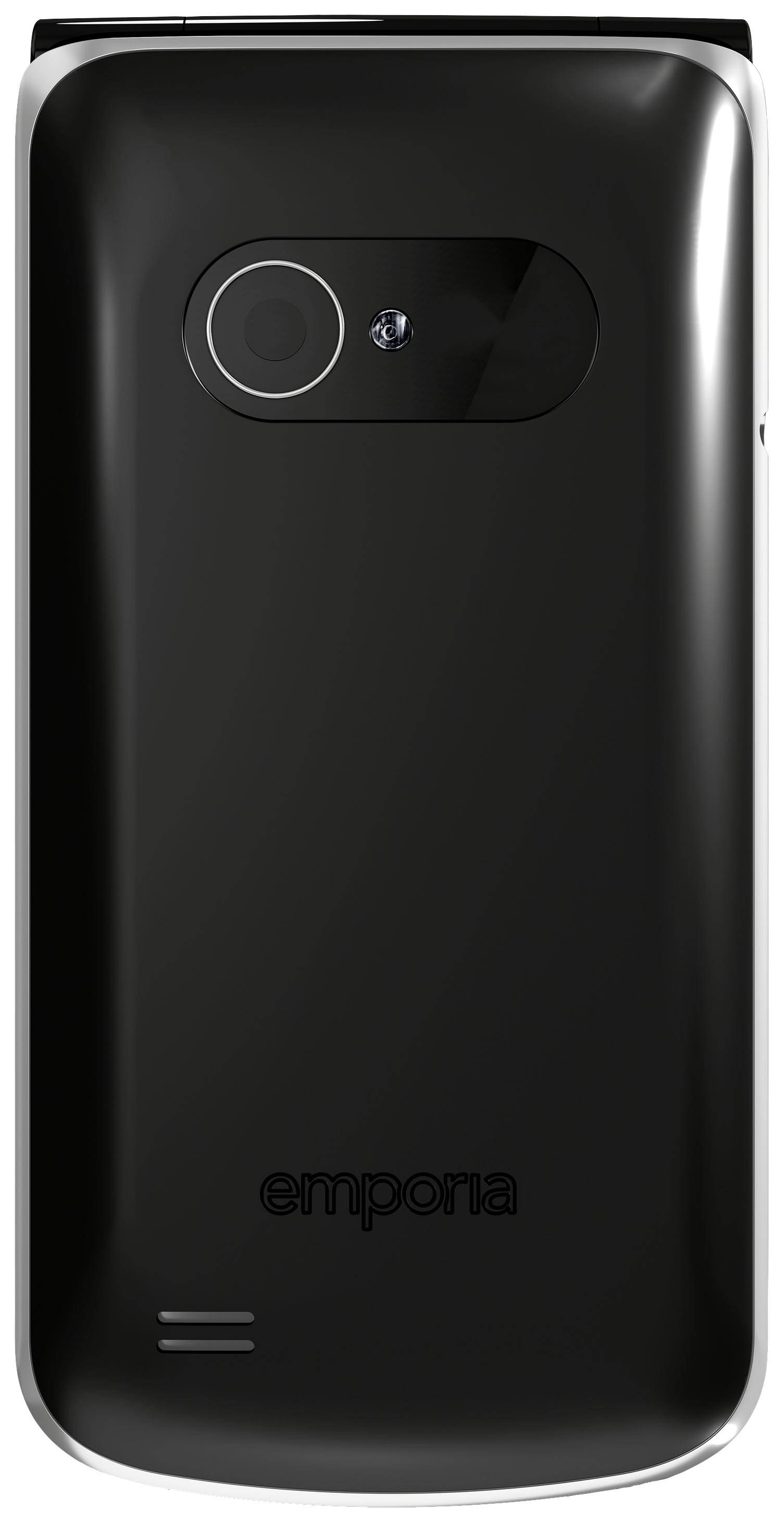 Cellulare a conchiglia nero con fotocamera posteriore. Marca 'emporia'.