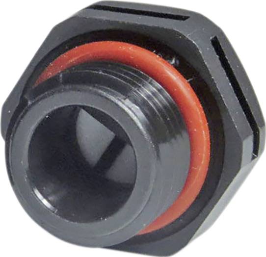 Un raccordo in plastica nera con anello di tenuta rosso. Viene utilizzato nell'impiantistica elettrica e nella gestione dei cavi.
