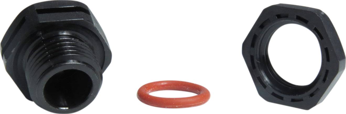 Un pressacavo nero con anello di tenuta rosso e controdado nero.