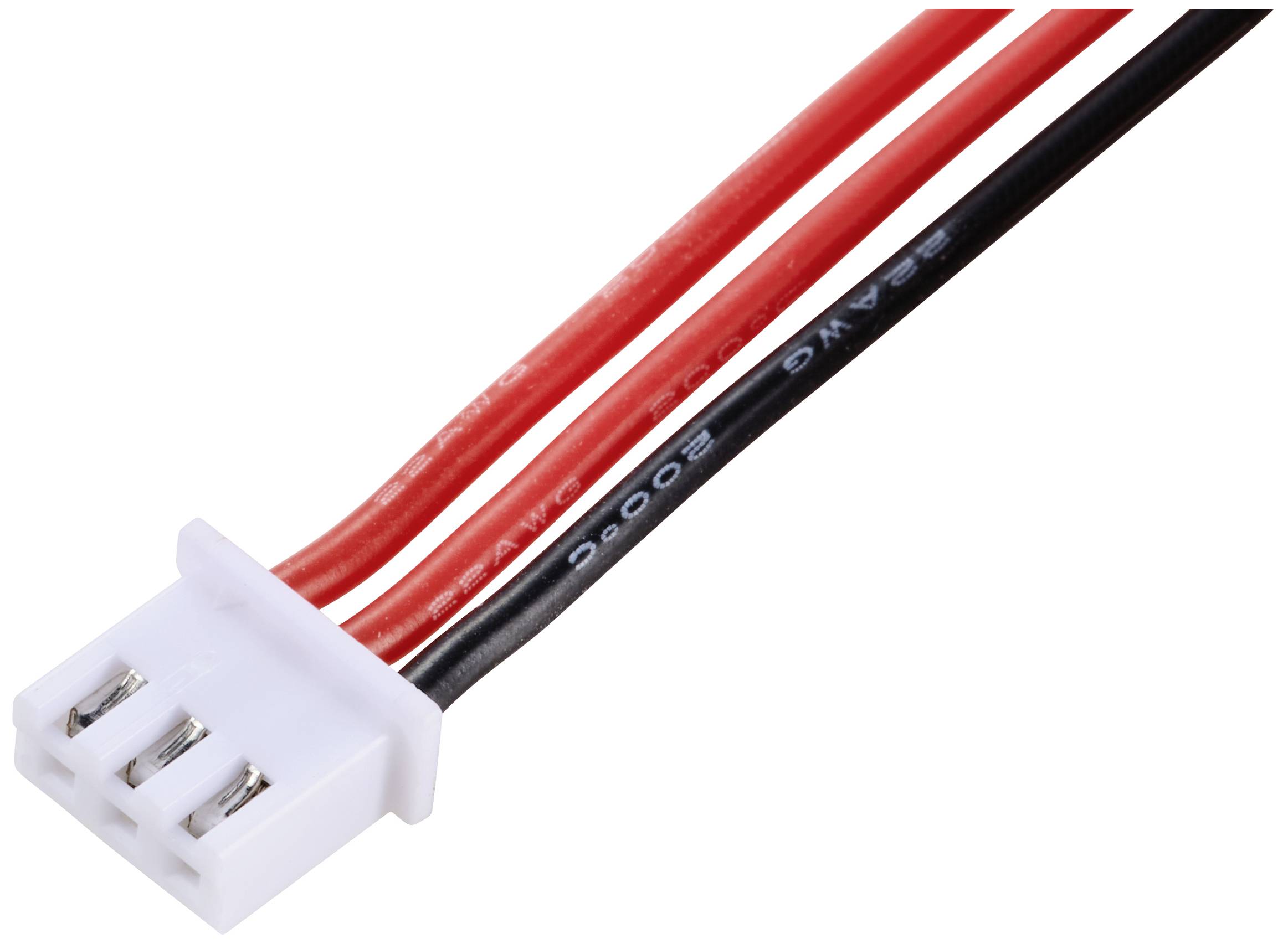 Un connettore bianco tripolare con cavi rossi e neri per connessioni elettroniche, isolato su sfondo bianco.