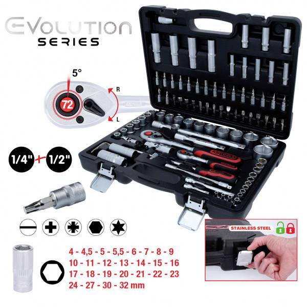 Set di chiavi a cricchetto della serie 'Evolution' in un cofanetto, che mostra varie dimensioni di bussole e un cricchetto con 72 denti per una precisione migliorata.