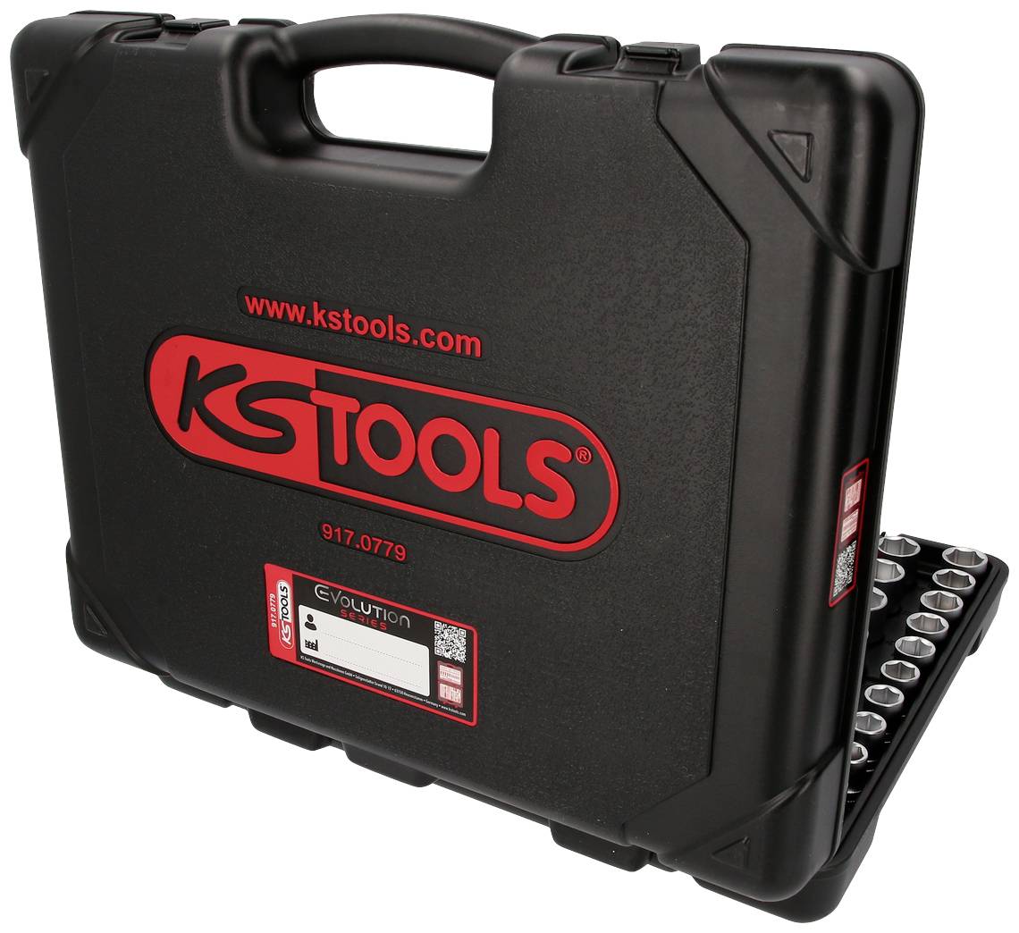Un valigetta degli attrezzi nera del marchio 'KS Tools' con logo rosso, parzialmente aperta, mostra un set di inserti per chiavi a bussola.