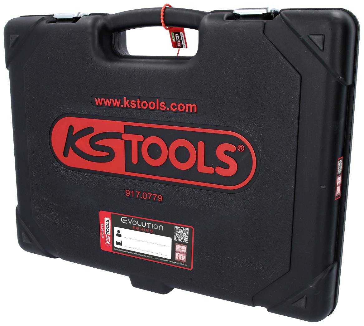 Valigetta degli attrezzi nera di KS Tools con logo rosso e sito web 'www.kstools.com' sul lato anteriore.