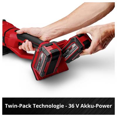 Le mani inseriscono due batterie da 36 V in un dispositivo elettrico rosso; in basso è scritto 'Tecnologia Twin-Pack - Potenza batteria 36 V'.