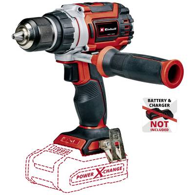 Trapano a batteria mostrato senza batteria e caricabatterie, testo 'Batteria e caricabatterie non inclusi'. Marchio per batteria 'Power X-Change'.