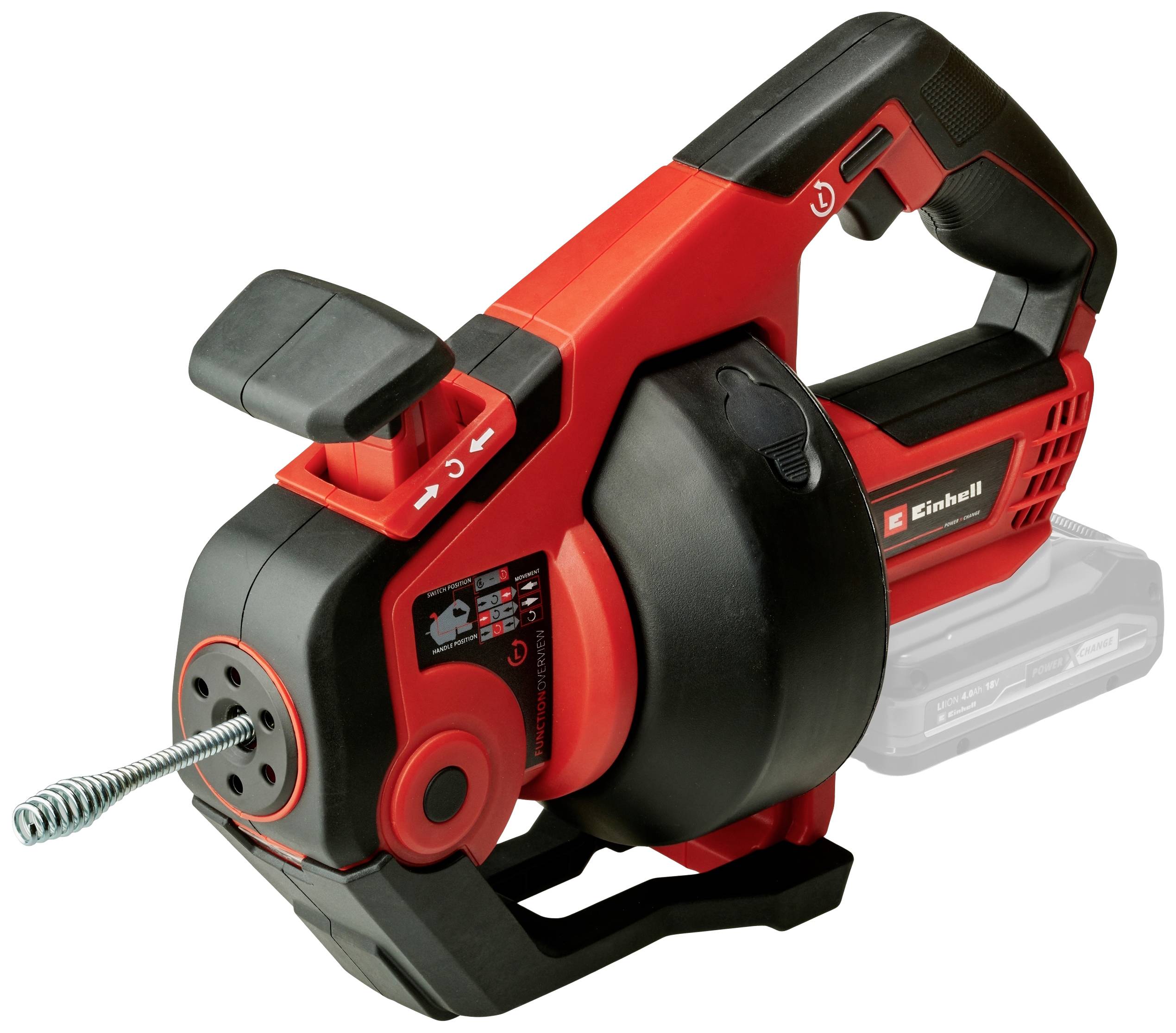 Einhell Disgorgatore a batteria in rosso e nero. Il dispositivo ha un manico ergonomico e una spirale visibile sul lato anteriore.