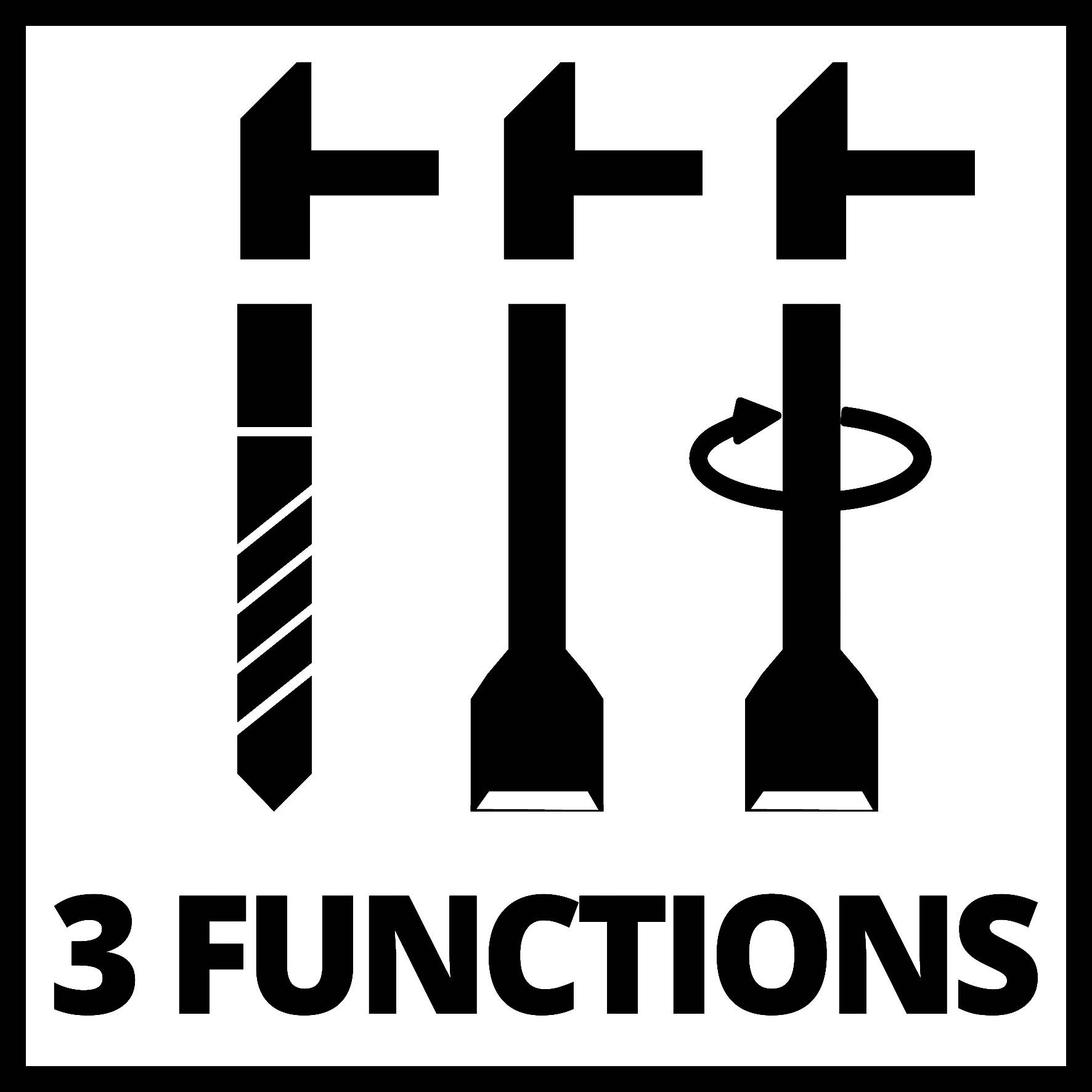 'Tre utensili con funzioni contrassegnate: Forare, Scalpellare, Tornire. Testo: 3 funzioni.'