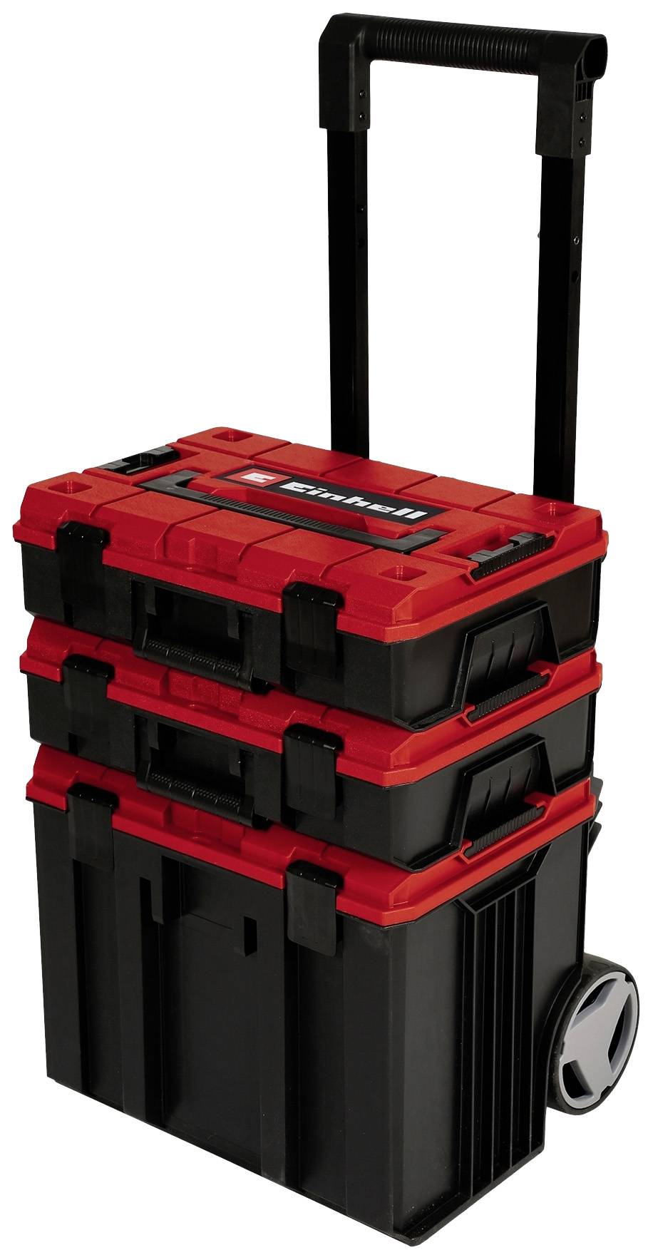 Carrello da officina mobile con tre scatole di stoccaggio impilabili, rosse e nere, montato su ruote, ideale per il trasporto di attrezzi.