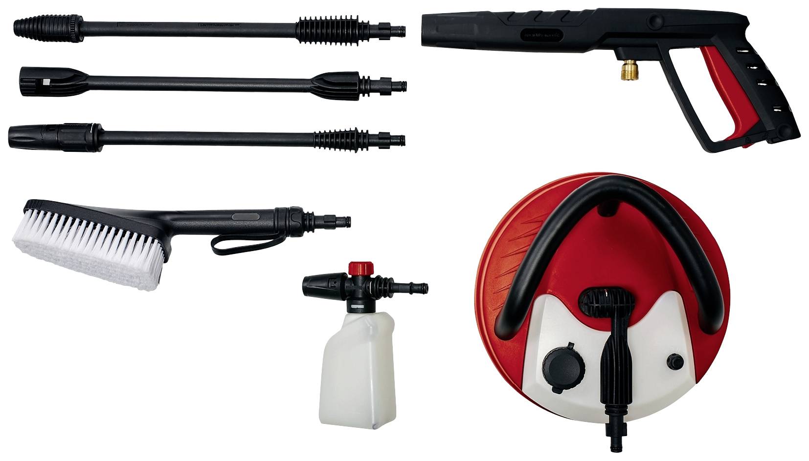 Set di accessori per idropulitrice: Tre ugelli intercambiabili, impugnatura a spruzzo, spazzola per la pulizia, ugello per schiuma con serbatoio, supporto rosso per tubo.