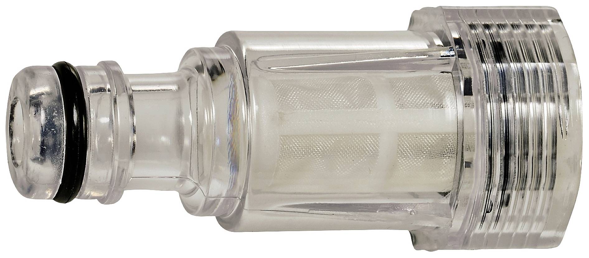 Raccordo in plastica trasparente con anello di tenuta, visto lateralmente. Contiene un filtro interno.