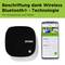 Stampante di etichette wireless con app per smartphone su sfondo verde. Testo: 'Etichettatura grazie alla tecnologia Bluetooth wireless. Per smartphone e tablet.'