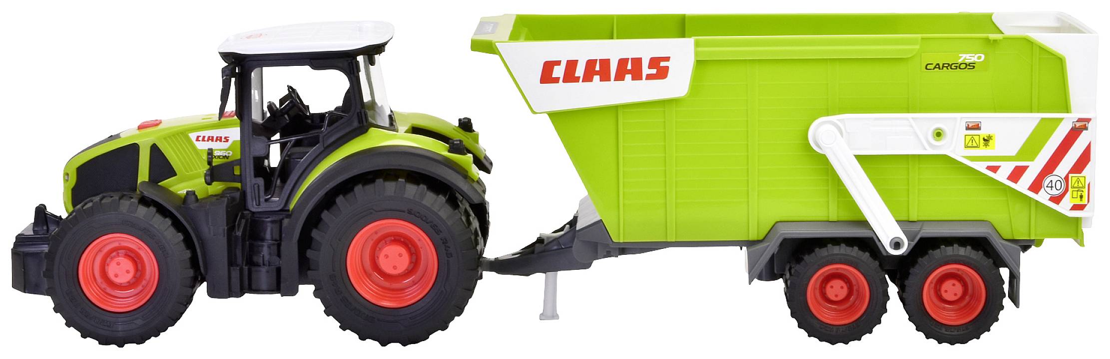 Trattore giocattolo con rimorchio, verde e bianco, con ruote rosse e nere. Nome del marchio 'CLAAS' visibile su entrambe le parti.