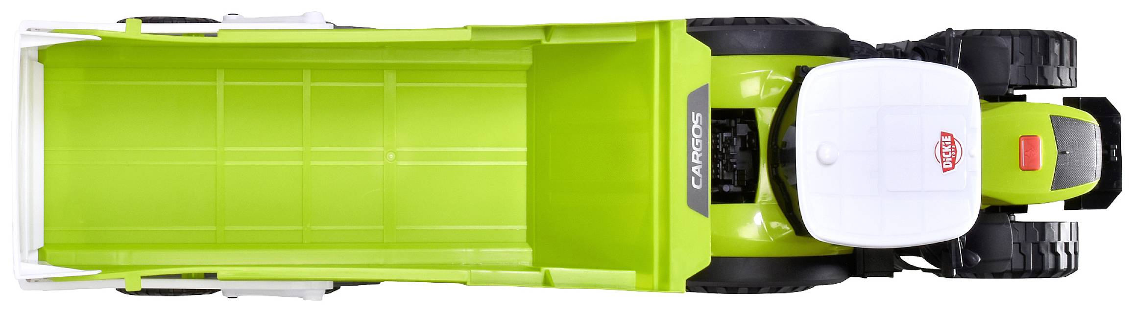 Trattore giocattolo con rimorchio ripreso dall'alto; il rimorchio è verde chiaro e vuoto, la cabina è bianca e nera.