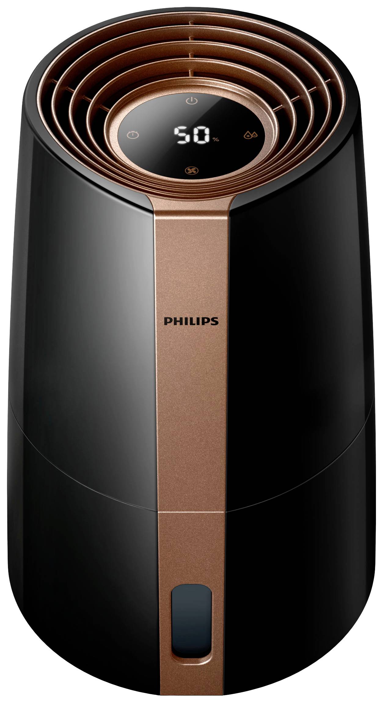 Umidificatore in nero e rame con display digitale che mostra il livello di umidità per migliorare l'ambiente interno.