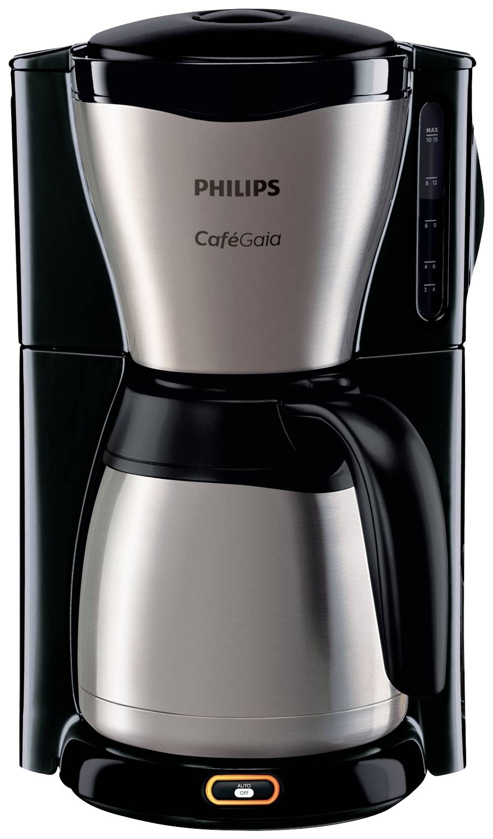 Macchina da caffè con caraffa termica in acciaio inox. Marca: Philips CafeGaia. Design nero e argento, adatta per caffè filtrato.